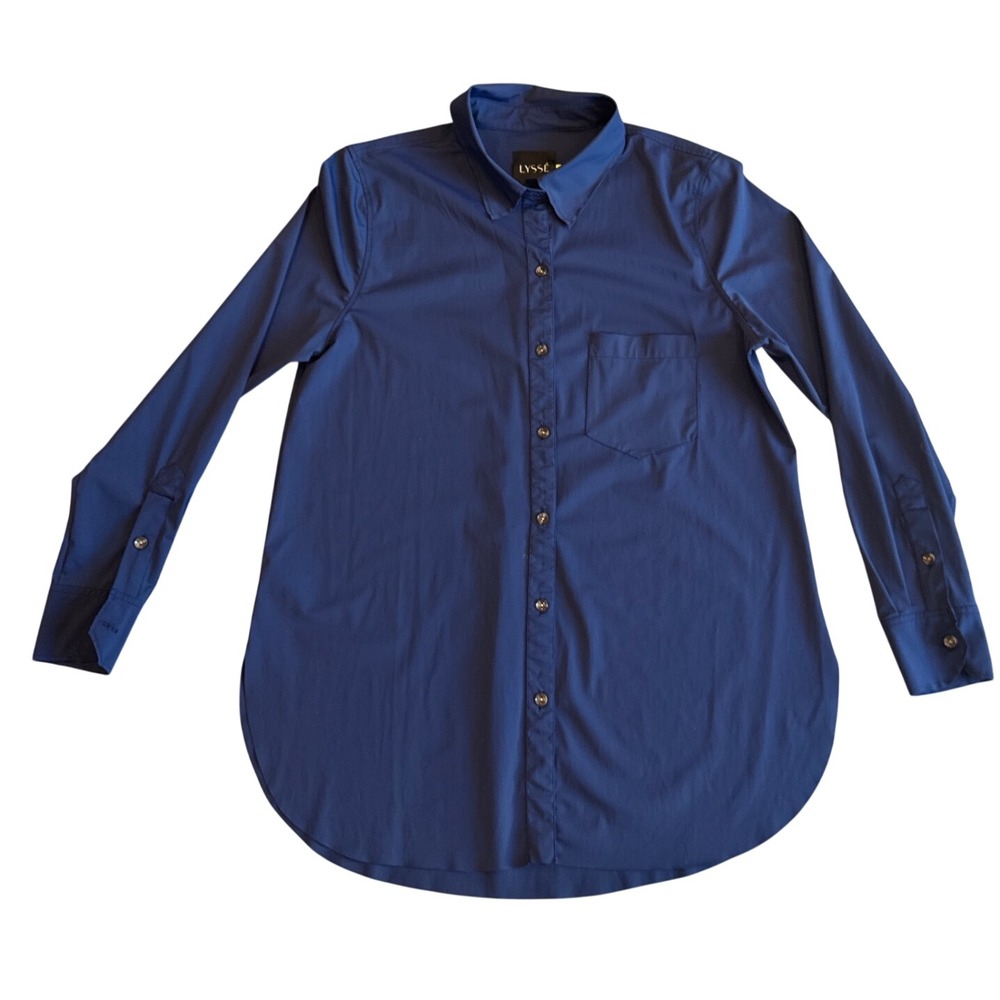 Lysse Schiffer Button Down Shirt Navy Blue Stretch Microfiber Top Woman's Medium